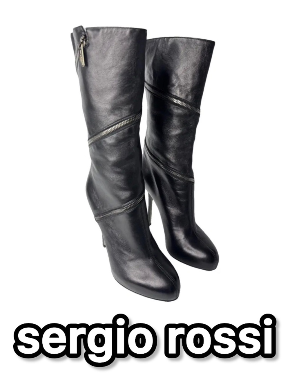 SERGIO ROSSI BLACK LEATHER CHAIN ZIPPER AROUND STILETTO HEEL BOOTS